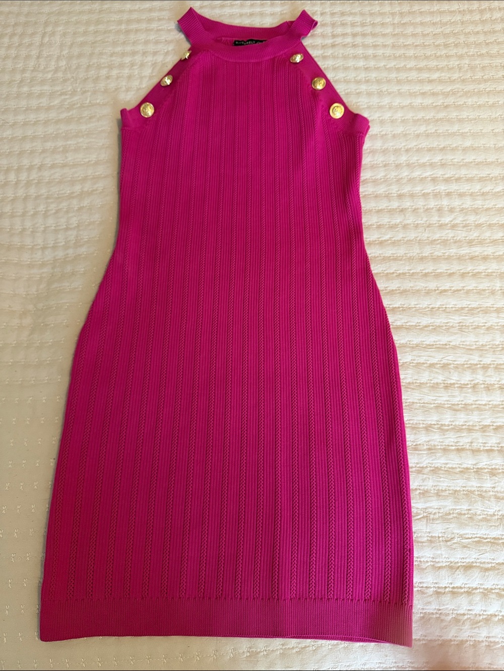 Sincerely Jules Fuchsia Ribbed Halter Knit Mini w/ Gold Buttons Sexy & Darling M